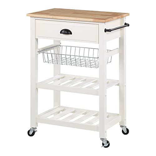 OSP Home Furnishings Hampton Kitchen Cart with Wood Top, Utensil Drawer, Under Cabinet Basket, and 2 Slatted Shelves, White Base