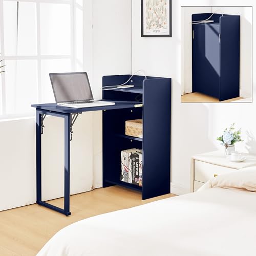 Fold Out Desk with Storage and Built-in Outlet,Foldable Desk for Small Spaces, Hidden Folding Table for Home Office or Bedroom - color: Blue
