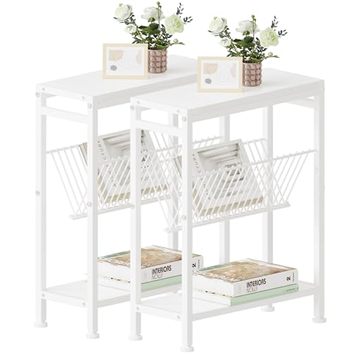 Side Table for Small Spaces, Set of 2 Narrow End Table with Magazine Holder, 2 in 1 Design Slim Side Table, Skinny Nightstand for Living Room Bedroom, Thin Side Magazine Table, White - color: White, size: 2-pcs