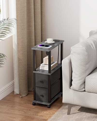 TUTOTAK Small Narrow End Tables, Side Tables with 2 Fabric Drawers, Set of 2, Bedside Tables with Charging Station for Small Spaces, Slim Nightstands with USB Ports and Wheels, TB01BY053 - color: Charcoal Grey, style: with Outlets