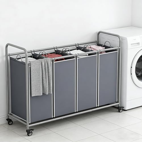 LINZINAR 4 Section Laundry Hamper, Grey Laundry Basket, 180L Laundry Sorter | Laundry Room Organization with Heavy Duty Rolling Lockable Wheels and Removable Bag, Bedroom Laundry Cart for Clothes Storage - size: 4 Bags Grey