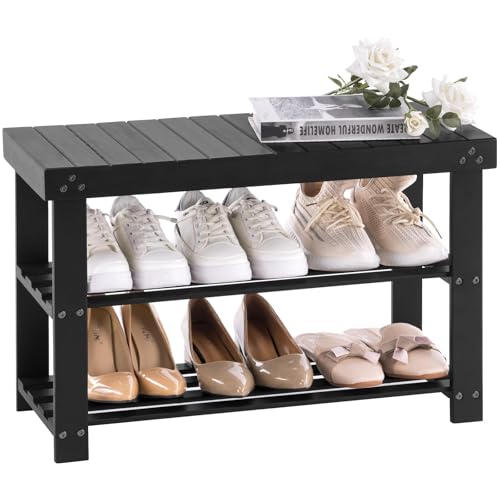 Apicizon Bamboo Shoe Rack for Entryway, 3-Tier Shoe Rack Bench for Front Door Entrance, Small Shoe Organizer with Storage, Black - color: Black, size: 27.6 Inches No Cushion
