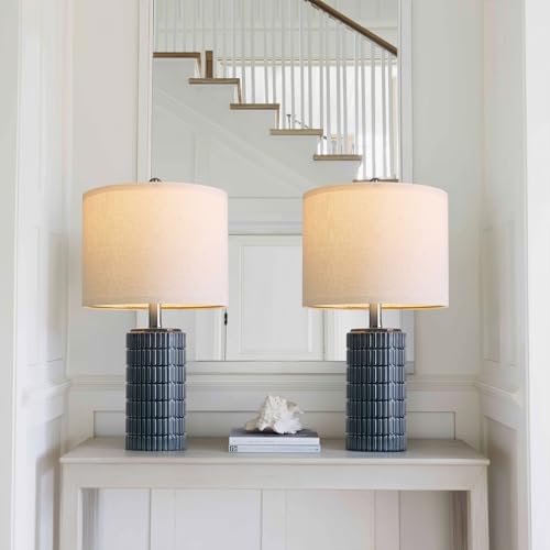 PoKat 20.75" Small Blue Table Lamps, Farmhouse Bedside Lamps for Bedroom Set of 2, Ceramic End Table Lamps for Night Stands Living Room, Modern Nightstand Desk Lamps, Dark Blue - color: 20.75'' Small - Dark Blue