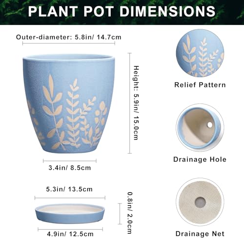 6 Inch Ceramic Plant Pot with Saucer - Small Flower Pot with Drainage for Succulents & Herbs, Boho Desk Home Office Room Decor, Plant Lovers Gifts, Blue - size: 6 Inch