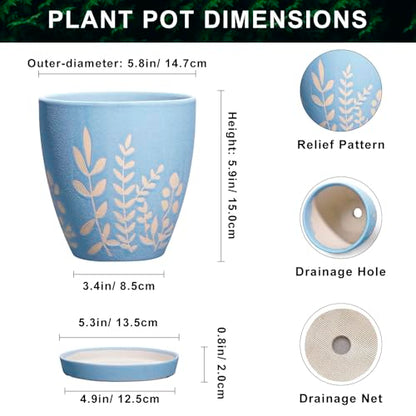 6 Inch Ceramic Plant Pot with Saucer - Small Flower Pot with Drainage for Succulents & Herbs, Boho Desk Home Office Room Decor, Plant Lovers Gifts, Blue - size: 6 Inch