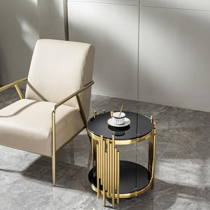 Magipa17.72 Round Sofa Side Table, End Table with 2-Tier Black Tempered Glass and Gold Stainless Steel Frame for Living Room, Office & Café - color: End Table Set of 1