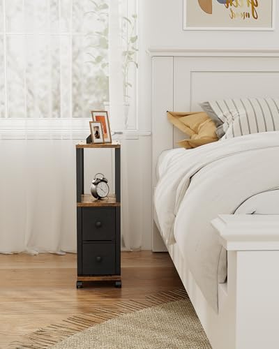 TUTOTAK Small Narrow End Tables, Side Tables with 2 Fabric Drawers, Set of 2, Bedside Tables with Charging Station for Small Spaces, Slim Nightstands with USB Ports and Wheels, TB01BB053 - color: Brown, style: with Outlets