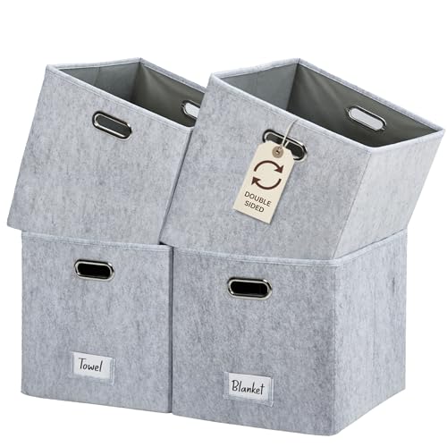 DECOMOMO Felt Storage Bins, 13 inch Cube Storage Bin with Labels | 4 Pack Storage Baskets for Shelves, Kallax ( Light Grey) - color: Light Grey, size: Cube 13" / 4pcs