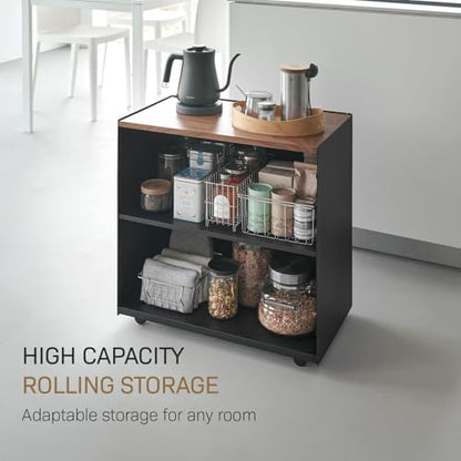 Yamazaki Home Tower Mobile Hideaway Storage Cart – Rolling Printer Stand with Adjustable Shelves, Hidden Storage, Rolling Cart with Wheels, Mobile Office Organizer, Utility Cart, 23" - Steel + Wood - - color: Black