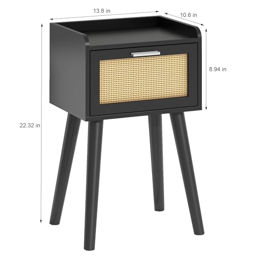 LAATOOREE Nightstand Set of 2, Small Black Bedside Table, End Table with Rattan Door, Boho Side Table with Solid Wood Legs for Bedroom Living Room Small Space - color: Black, style: Boho Style
