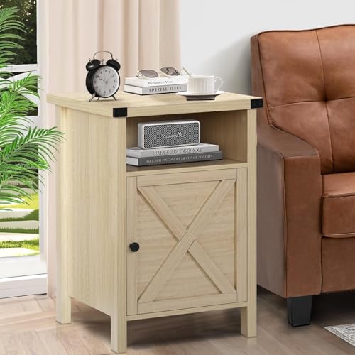 Farmhouse End Table, Nightstand with Barn Door and Shelf,Set of 2,Natural | End Tables,Wooden Sofa Side Table, Modern Bed Side Table Rustic Nightstands, Bedroom, Living Room - color: Natural