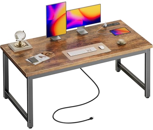 Huuger 55 x 24 inch Desk with Power Outlets & USB-C, Deeper & Thicker Desktop, Robust Metal Tubes, Computer Desk, Heavy Duty Office Desk, Work Gaming Desk for Home Office, Rustic Brown - color: Rustic Brown, size: 54*24 inch