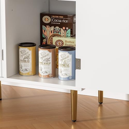Housoul Fluted Sideboard Buffet Cabinet with 3 Doors, White | Kitchen Storage Cabinet with Adjustable Shelves & Golden Handles, Modern Accent Cabinet, Coffee Bar for Kitchen, Living Room - color: White