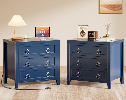 Huuger Paint Night Stand with Charger Station, 3 Drawer Nightstand Set of 2 | Larger Wider Bedside Table with USB-C Port, Modern End Table, for Bedroom, Living Room, Blue Nightstand - color: Blue