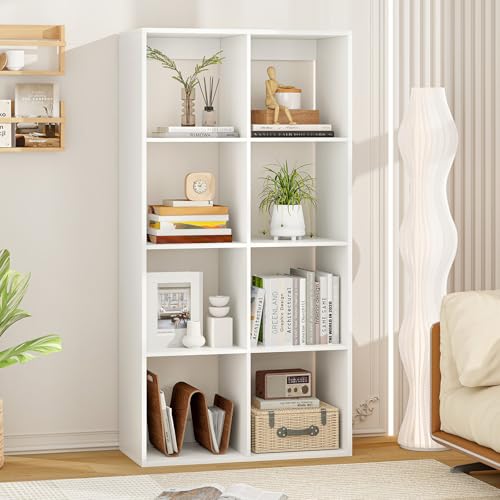 8 Cube Storage Organizer, 4 Tier Floor Standing Bookshelf, 54 inch Tall Bookcase, Wooden Open Display Shelf for Living Room, Bedroom, Study, White Bookshelf with Open Back - size: 8 Cubes