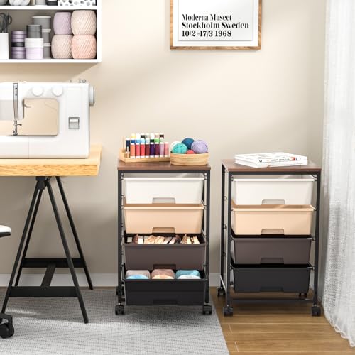 SYKIARIOL Utility Cart with 4 Drawers, Brown | Rolling Storage Cart with Drawers, Storage Rolling Drawer Cart - color: Dark Brown