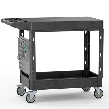 Heavy Duty Utility Service Tool Cart, 39 x 17 in, 2 Shelf Flat Top Rolling Cart with Hanging Board, 550LBS, Swivel Wheels, Ergonomic Handle for Garage, Warehouse, Office, Workshop, Auto Repair