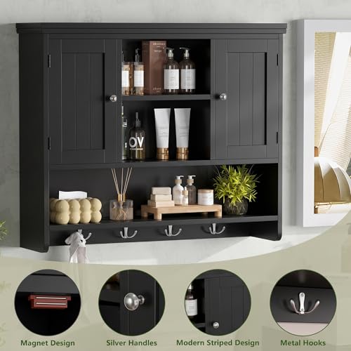 Bathroom Wall Cabinet with Doors and Hooks, 3-Tier Wall Mounted Cabinet | Modern Medicine Cabinet with 3 Open Shelves, Over the Toilet Storage Cabinet for Kitchen, Laundry Room, Living Room, Black - color: Black