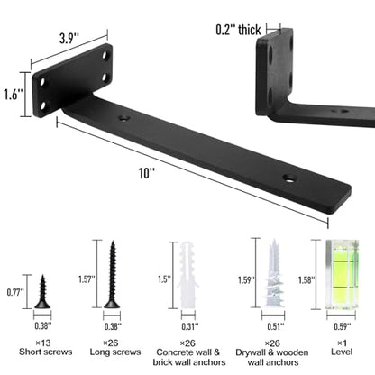 HITOMEN Heavy Duty Floating Shelf Brackets, 10-Inch (1/5'' Thick) Hidden Shelves Hardware, Iron L Brackets, Rustic Industrial Black Metal Wall Shelving Supports, 6 Pack - size: 10 Inch, style: 6 Pack