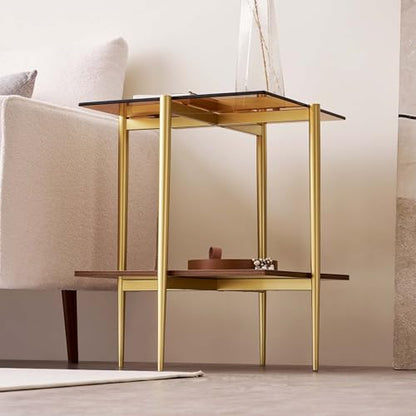 LumFurn Glass End Table, Mid-Century Modern Design Sofa Table, L41 x W21 x H17, for Living Room, 2-Tier Structure, Clear Glass Top and Walnut MDF Shelf, Sleek Conical Metal Legs with Gold Finish Frame - color: Amber & Walnut, size: L41" End Table