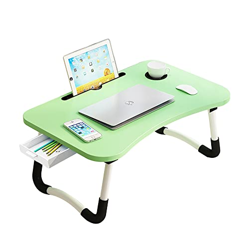 Lap Laptop Desk with Storage Drawer, Holders for Cup and Tablet, Laptop Bed Tray Table with Foldable Legs, Laptop Bed Stand, Portable Standing Table for Sofa Couch Floor (23.6", Green) - color: Green, size: 23.6"