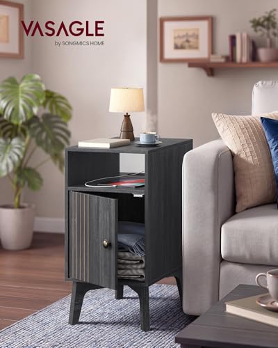VASAGLE MAEZO Collection - End Table with Charging Station, Narrow Side Table, Nightstand with Tapered Legs, Curved Transitions, for Small Spaces, Bedroom, Charcoal Gray ULET329B101S - color: Charcoal Gray