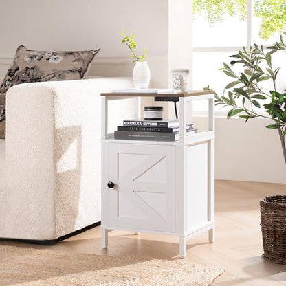 Yoobure Farmhouse NightStand with Charging Station，Wood Night Stand End Table with USB Ports, LED Bed Side Table with Storage Cabinet，Bedside Table for Bedroom, Living Room White - color: White