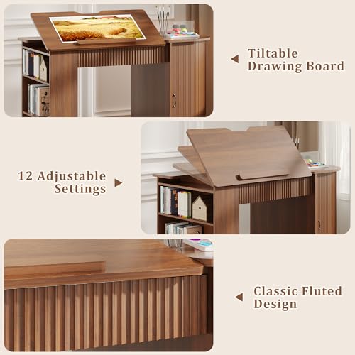 Drafting Table with Storage Cabinet & Drawers, Adjustable Drawing Table with Open Shelves, Crafting Table Art Desk for Home Office, Reading, Writing, Crafting, Painting - color: Walnut