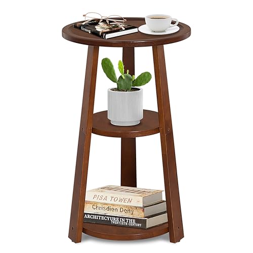 3-Tier Round Side Table, Solid Wood End Table & Nightstand for Small Spaces, Compact Accent Table for Living Room, Bedroom, Office (Red Brown Finish) - color: Red Brown
