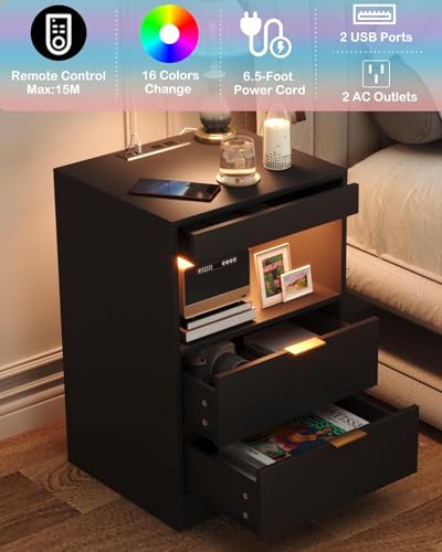 Yusong Night Stand, Black Nightstand, LED Nightstand with Charging Station, Modern Night Stand, Bedside Table, Wood Sofa Couch End Side Table with 2 Pull-Out Shelf - color: Black 001