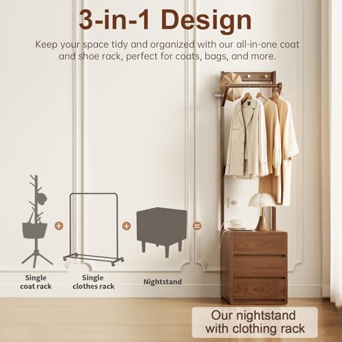 Solid Wood Coat Rack Freestanding,Standing Coat Rack with 3 drawers,Clothing Racks for Hanging Clothes,Narrow Hall Tree with Storage,Walnut Nightstand with 6 Coat Hooks for Bedroom Entryway Corner - size: 3 drawers