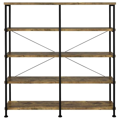 Coaster Home Furnishings - Analiese - Wood and Metal - 4-Tier Double Bookshelf with Open Shelves, X-Back Bracing, and Rectangular Frame - Home Office - 63-Inch - Rustic Nutmeg - 801543 - color: Rustic Nutmeg
