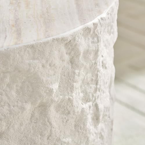 Round Side Table Faux Stone End Table for Living Room Modern Small Coffee Table for Small Space Apartment, No Assembly (Fiberglass-Travertine, 15.75'' x 17.72'') - color: Faux Travertine-15.74inch