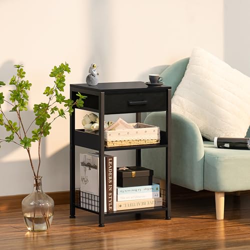 Lerliuo Pure Black Printer Table with Fabric Drawer,3 Tier Industrial Wood Printer Stand with Storage Shelf,Modern Tall End Table,Nightstand,Bed Side Tables for Scanner Fax Home Office Small Spaces - color: Pure Black