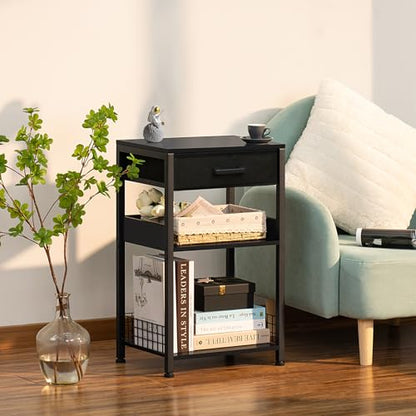 Lerliuo Pure Black Printer Table with Fabric Drawer,3 Tier Industrial Wood Printer Stand with Storage Shelf,Modern Tall End Table,Nightstand,Bed Side Tables for Scanner Fax Home Office Small Spaces - color: Pure Black