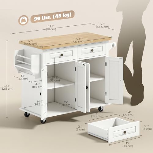 HOMCOM Kitchen Island Cart with Solid Wood Top, 44" Mobile Kitchen Island Table on Wheels with Storage Cabinets, 2 Drawers, Adjustable Shelves, Spice Rack & Towel Bar for Dining Room, White - color: White