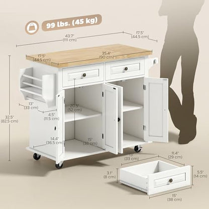 HOMCOM Kitchen Island Cart with Solid Wood Top, 44" Mobile on Wheels White | Kitchen Island Table, Storage Cabinets, 2 Drawers, Adjustable Shelves, Spice Rack, Towel Bar, Dining Room - color: White