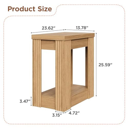 Maupvit Narrow Wood End Table for Living Room, 2-Tier Small Slim Side Table with Storage Shelf, Modern Fluted Nightstand for Bedside, Small Spaces, Living Room, Bedroom, Oak, Set of 2 - color: Oak