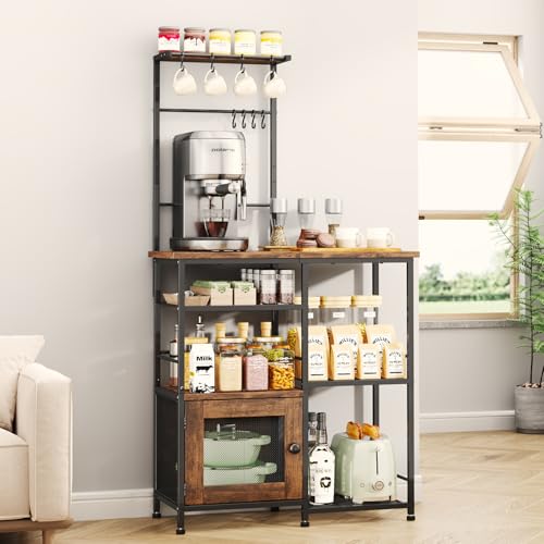 SWTYMIKI Bakers Rack with Storage - Coffee Bar Cabinet Organizer with 8 Hooks, Shelves & Cabinet Door, Coffee Station for Kitchen Dining Room, Microwave Stand with Adjustable Feet, Espresso - color: Espresso, size: Coffee Station with Hanging Rack