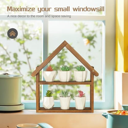 Jotsport Small Windowsill Plant Stand Desktop Succulents Holder | House Shaped Display Stand 2 Tier Wooden Plant Shelf for Kitchen Living Room Office