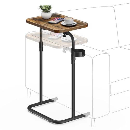 TUTOTAK C Shaped End Table with Tiltable Surface, Adjustable Height Side Table, Slide Under Couch Table TV Tray for Eating, Sofa Tray for Livingroom, Bedroom Brown TB01BB091 - color: Brown