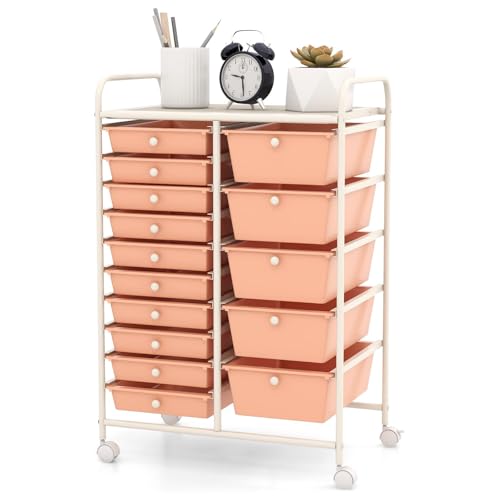 GLACER 15 Drawers Rolling Storage Cart, Steel Frame Craft Organizer Cart | Utility Cart w/Lockable Wheels & Sleek Handle, Mobile Art & Tool Supply Trolley for Teacher, Home, School, Office (Peach) - color: Peach, size: 15 Drawers (5 Big +10 Small)