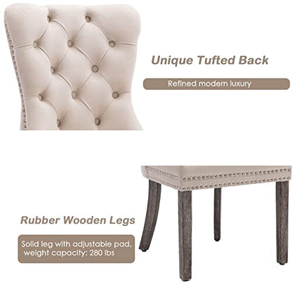 KCC Velvet Dining Chairs Set of 2, Upholstered High-end Tufted Dining Room Chair with Nailhead Back Ring Pull Trim Solid Wood Legs, Nikki Collection Modern Style for Kitchen, Beige - color: Beige, size: Set of 2
