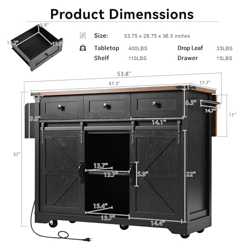 Ball & Cast Kitchen Island with Storage,53.7" Farmhouse Rolling Kitchen Island Cart w/Power Outlet & Drop Leaf,Mobile Island Table w/3 Drawers,Towel Rack and Spice Rack,for Home and Dining Room,Black - color: Black