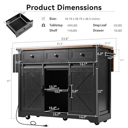 Ball & Cast Kitchen Island with Storage,53.7" Farmhouse Rolling Kitchen Island Cart w/Power Outlet & Drop Leaf,Mobile Island Table w/3 Drawers,Towel Rack and Spice Rack,for Home and Dining Room,Black - color: Black