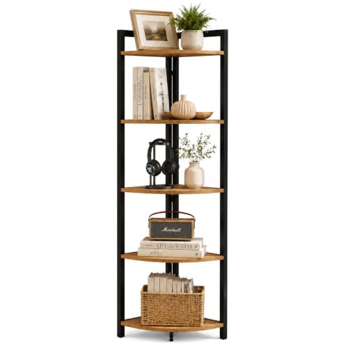 Tall Corner Shelf, Industrial Corner Bookshelf, Wood and Metal Corner Shelf Stand for Living Room, Rustic Display Plant Stand for Home Office (Rustic Oak) - color: Rustic Oak