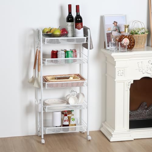 5 Tier Stackable Fruit Vegetable Storage Basket, Metal Mesh Produce Organizer Cart with 360 Degree Swivel Wheels, Rolling Snack Storage Rack, Carbon Steel Pantry Organizer Shelf (White 5-Layers) - color: White 5-layers