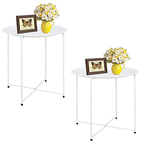 Garden 4 you End Table Metal Side Table Round Folding Tray Cyan Sofa Small Accent Fold-able Table, Round End Table Tray, Next to Sofa Table, Snack Table for Living Room and Bed Room,White - color: White