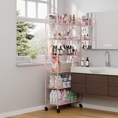 6 Tier Slim Rolling Storage Cart with Wheels, Metal Mobile Shelving Unit Organizer Utility Cart for Office Bathroom Kitchen Laundry Room Narrow Places (Pink 10 Inches) - size: Pink 10 Inches