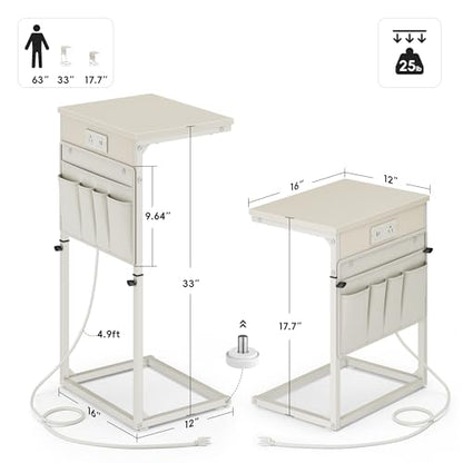 Vagusicc C-Shaped End Table with Charging Station, Small Side Table for Couch, 33" Tall C Table Adjustable Height Side Table, Couch Tables that Slide Under, Sofa Table TV Tray for Living Room, Cream - color: 1pc Cream White